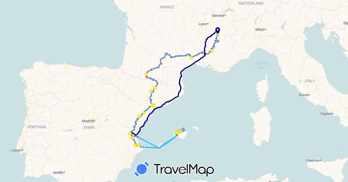TravelMap itinerary: driving, cycling, hiking, boat in Spain, France (Europe)